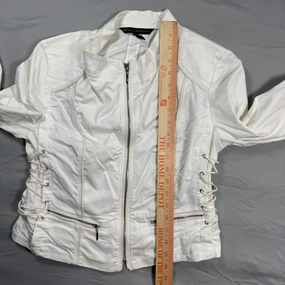 White House Black Market White Lace Up Side Moto Jacket Sz 8 Zip Front Biker